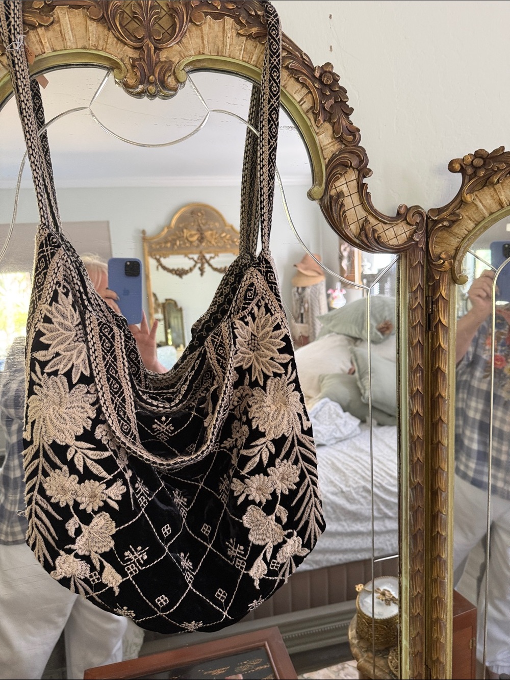 Johnny Was Black & Cream Embroidered Shoulder Hobo
